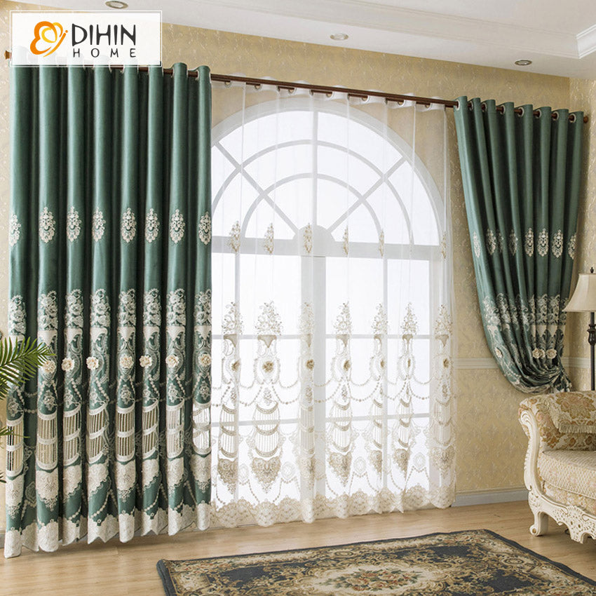 DIHINHOME Home Textile European Curtain DIHIN HOME European Green Embroidered Valance,Blackout Curtains Grommet Window Curtain for Living Room ,52x84-inch,1 Panel
