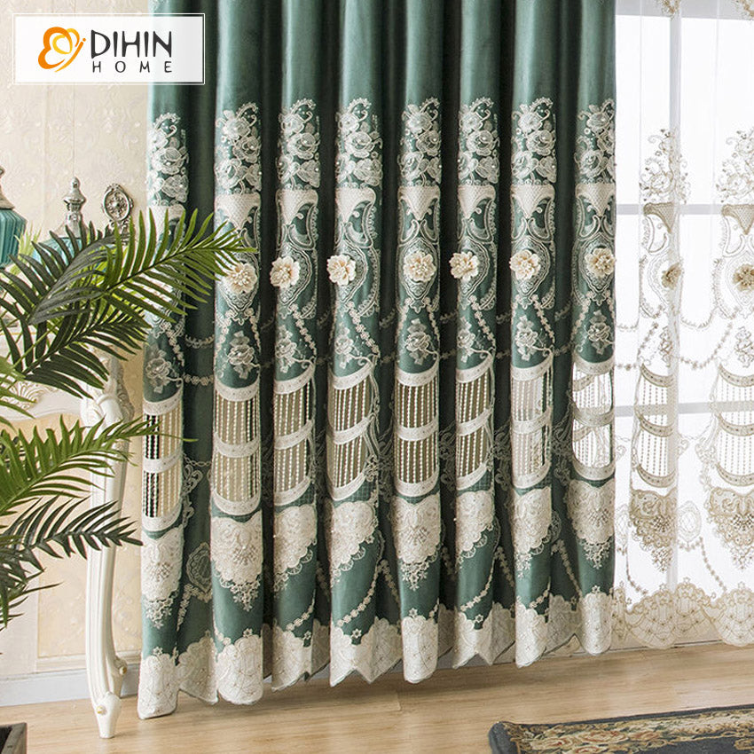 DIHINHOME Home Textile European Curtain DIHIN HOME European Green Embroidered Valance,Blackout Curtains Grommet Window Curtain for Living Room ,52x84-inch,1 Panel