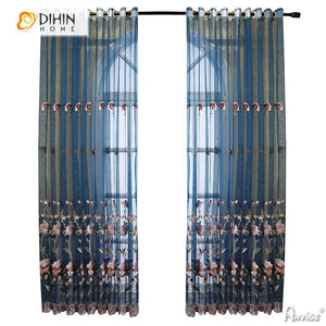 DIHINHOME Home Textile Sheer Curtain DIHIN HOME Pastoral Luxury Flowers Embroidered,Grommet Window Sheer Curtain for Living Room ,52x63-inch,1 Panel