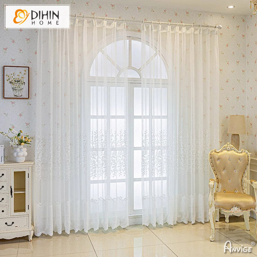 DIHINHOME Home Textile Sheer Curtain DIHIN HOME Pastoral White Embroidered,Grommet Window Sheer Curtain for Living Room ,52x63-inch,1 Panel