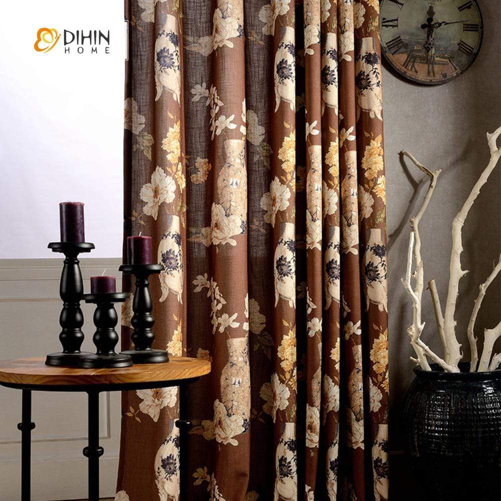 DIHINHOME Home Textile Pastoral Curtain DIHIN HOME Pastoral Brown Printed Curtain ,Cotton Linen ,Blackout Grommet Window Curtain for Living Room ,52x63-inch,1 Panel