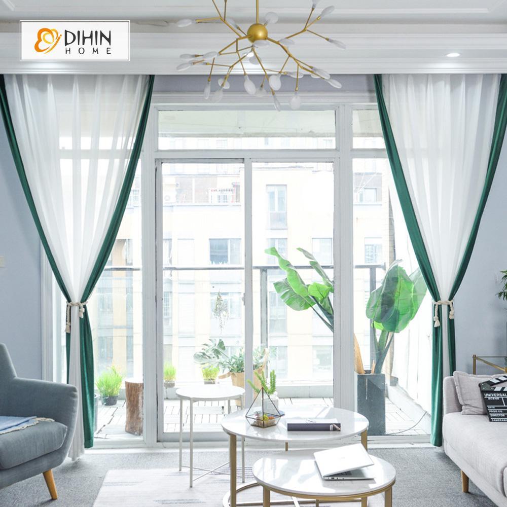 DIHINHOME Home Textile Sheer Curtain DIHIN HOME  Modern Green Spliced Window Screening ,Sheer Curtain,Blackout Grommet Window Curtain for Living Room ,52x63-inch,1 Panel