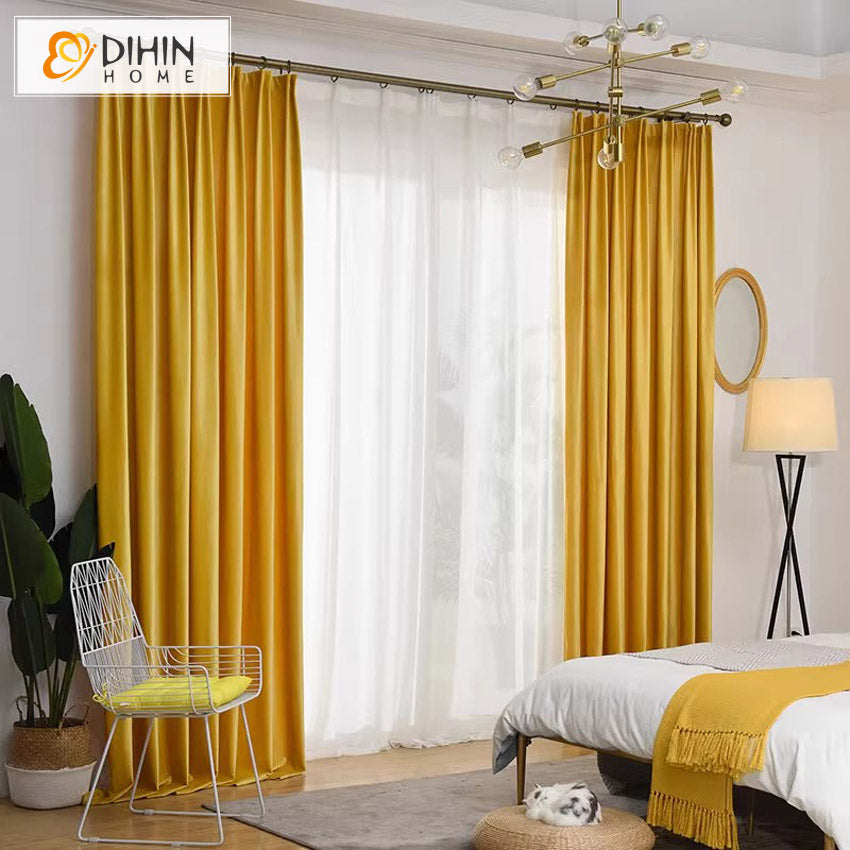 Luxury Yellow Velvet Fabric,Customized Blackout Grommet Curtains Window Drapes For Living Room