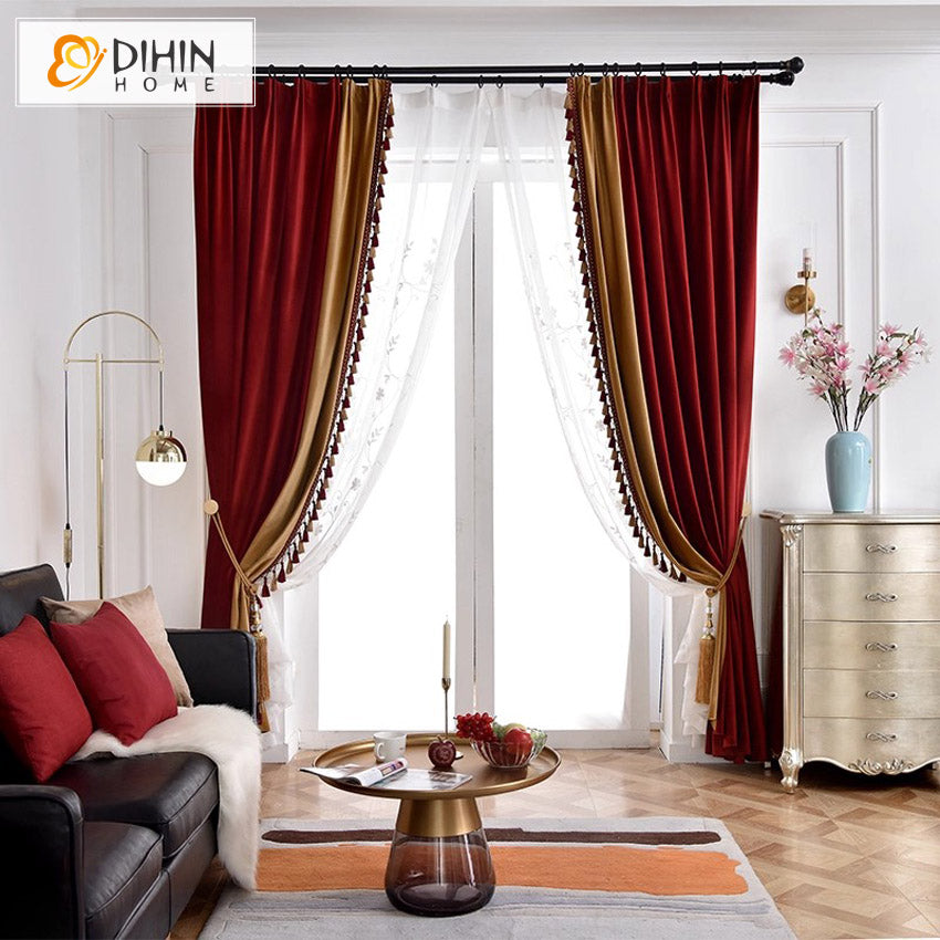 Luxury Red and Brown Velvet Fabric,Customized Blackout Grommet Curtains Window Drapes For Living Room