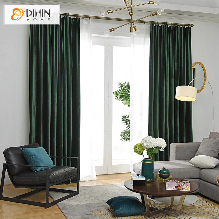 Luxury Dark Green Velvet Fabric,Customized Blackout Grommet Curtains Window Drapes For Living Room