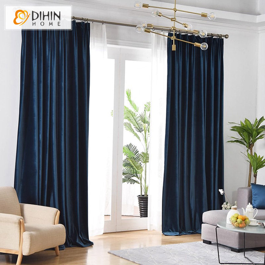 Luxury Navy Blue Velvet Fabric,Customized Blackout Grommet Curtains Window Drapes For Living Room