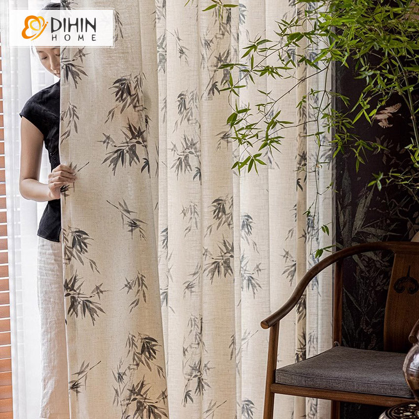 DIHIN HOME Pastoral Cotton Linen Leaves Printed,Blackout Grommet Window Curtain for Living Room ,52x63-inch,1 Panel