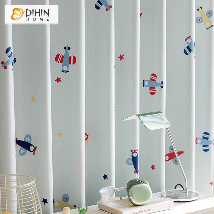 DIHIN HOME Cartoon Thickness Small Plane Printed,Blackout Grommet Window Curtain for Living Room ,52x63-inch,1 Panel