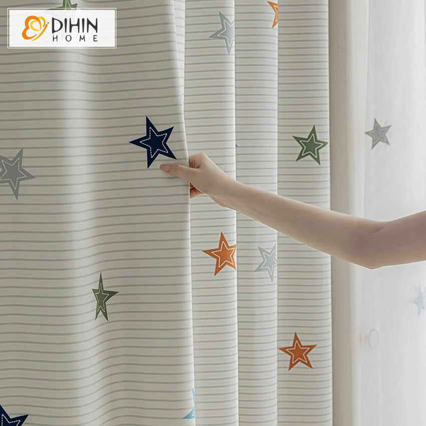 DIHIN HOME Cartoon Thickness Stars Printed,Blackout Grommet Window Curtain for Living Room ,52x63-inch,1 Panel