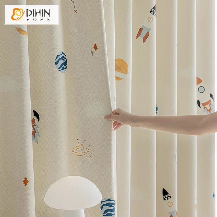 DIHIN HOME Cartoon Thickness Rockets Printed,Blackout Grommet Window Curtain for Living Room ,52x63-inch,1 Panel