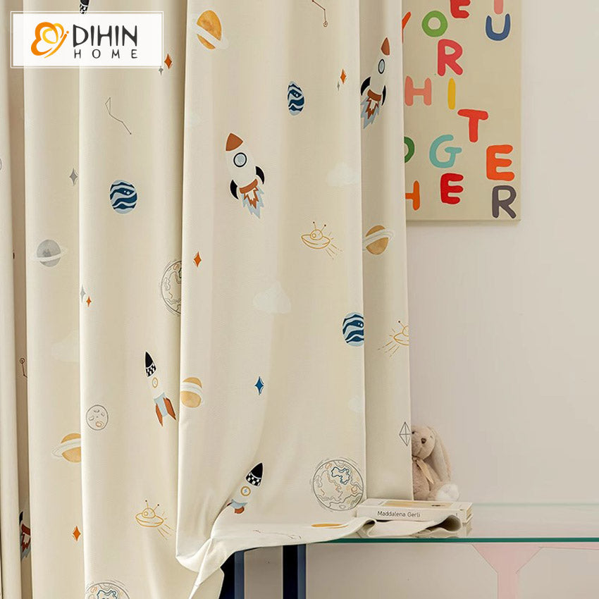 DIHIN HOME Cartoon Thickness Rockets Printed,Blackout Grommet Window Curtain for Living Room ,52x63-inch,1 Panel