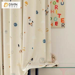 DIHIN HOME Cartoon Thickness Rockets Printed,Blackout Grommet Window Curtain for Living Room ,52x63-inch,1 Panel