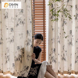 DIHIN HOME Pastoral Cotton Linen Leaves Printed,Blackout Grommet Window Curtain for Living Room ,52x63-inch,1 Panel