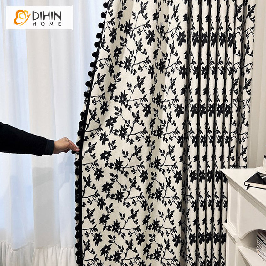 DIHIN HOME Garden Black Color Flowers Printed,Blackout Grommet Window Curtain For Living Room ,52x63-inch,1  Panel