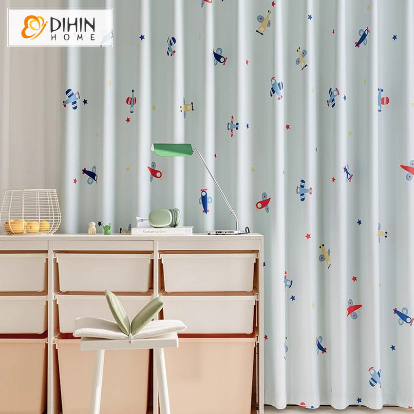 DIHIN HOME Cartoon Thickness Small Plane Printed,Blackout Grommet Window Curtain for Living Room ,52x63-inch,1 Panel