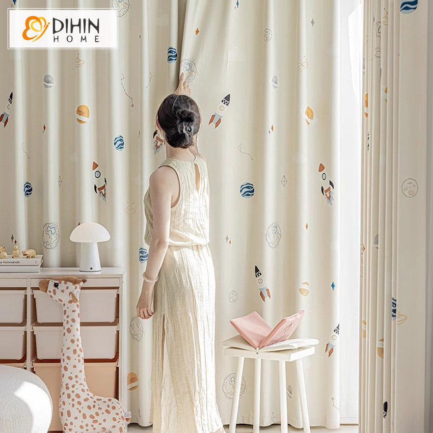 DIHIN HOME Cartoon Thickness Rockets Printed,Blackout Grommet Window Curtain for Living Room ,52x63-inch,1 Panel