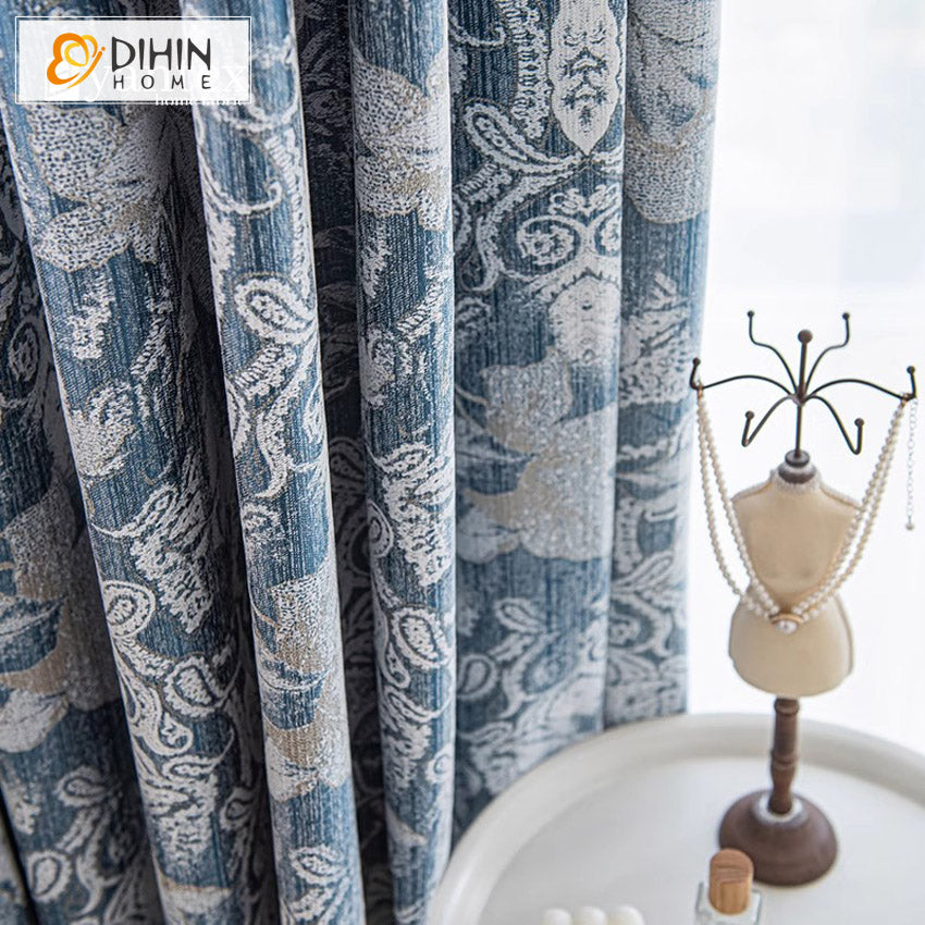 DIHIN HOME European Blue Abstract Jacquard,Blackout Grommet Window Curtain for Living Room