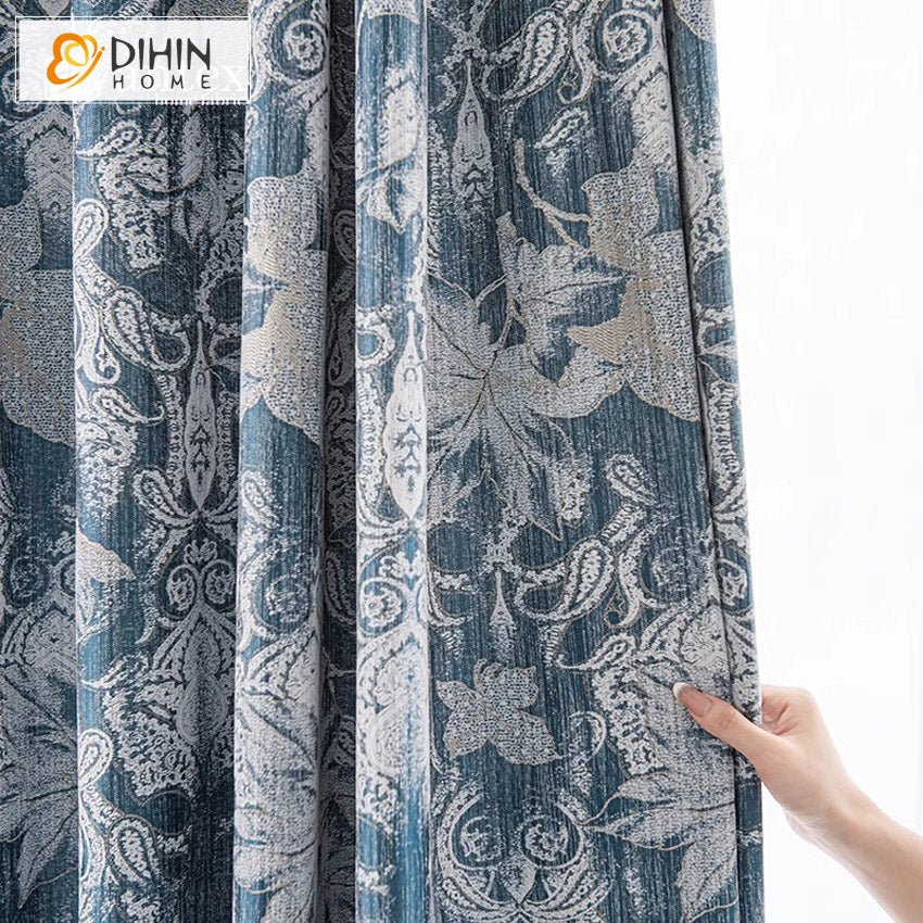 DIHIN HOME European Blue Abstract Jacquard,Blackout Grommet Window Curtain for Living Room