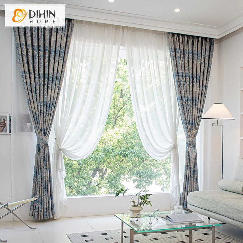 DIHIN HOME High Quality Blue Jacquard,Blackout Grommet Window Curtain for Living Room