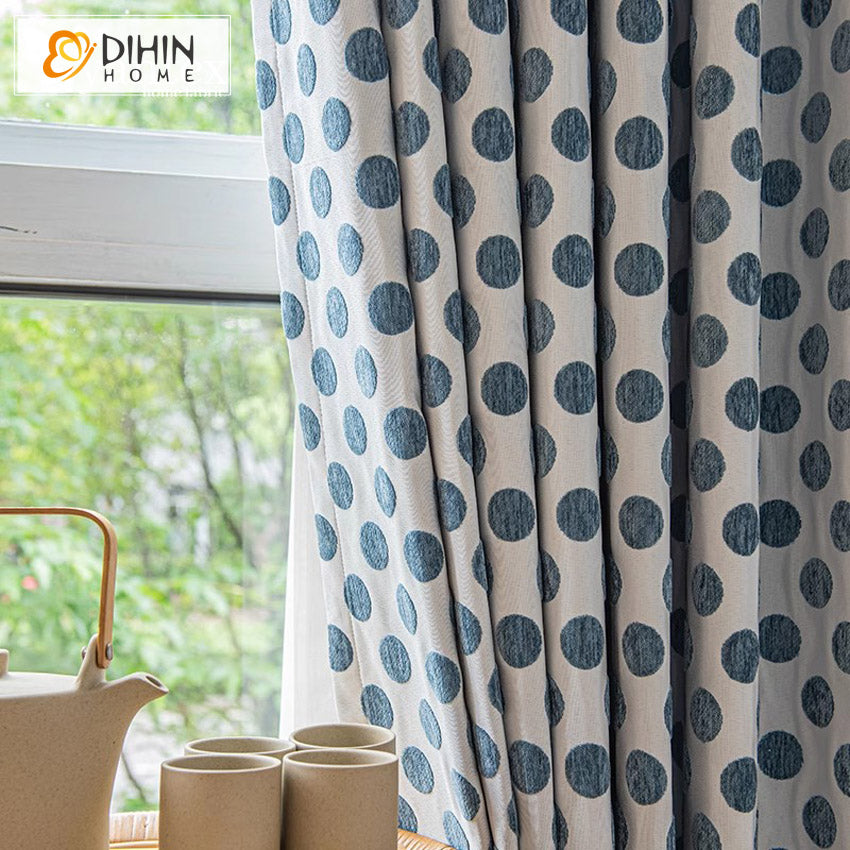 DIHIN HOME European Blue Dots Jacquard,Blackout Grommet Window Curtain for Living Room