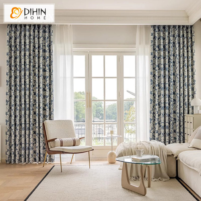 DIHIN HOME European Retro Blue Abstract Flowers Jacquard,Blackout Grommet Window Curtain for Living Room