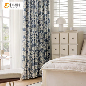 DIHIN HOME European Retro Blue Abstract Flowers Jacquard,Blackout Grommet Window Curtain for Living Room