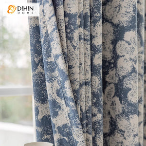 DIHIN HOME European Retro Blue Abstract Flowers Jacquard,Blackout Grommet Window Curtain for Living Room