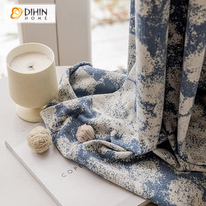 DIHIN HOME European Retro Blue Abstract Flowers Jacquard,Blackout Grommet Window Curtain for Living Room