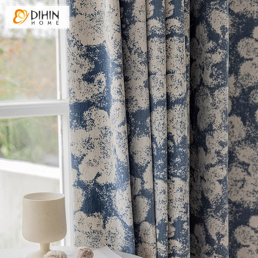 DIHIN HOME European Retro Blue Abstract Flowers Jacquard,Blackout Grommet Window Curtain for Living Room