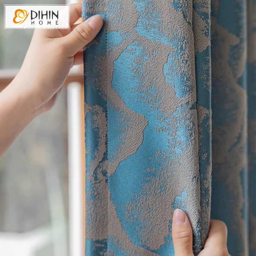 DIHIN HOME European Blue Color Jacquard,Blackout Grommet Window Curtain for Living Room