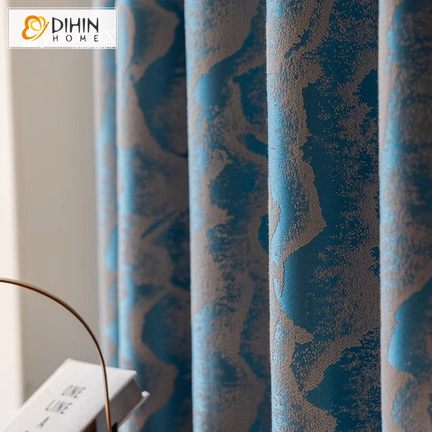 DIHIN HOME European Blue Color Jacquard,Blackout Grommet Window Curtain for Living Room