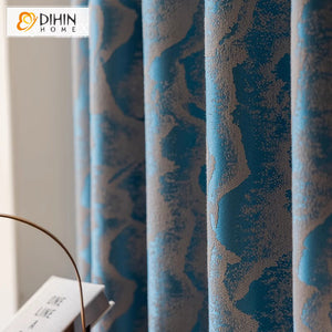 DIHIN HOME European Blue Color Jacquard,Blackout Grommet Window Curtain for Living Room