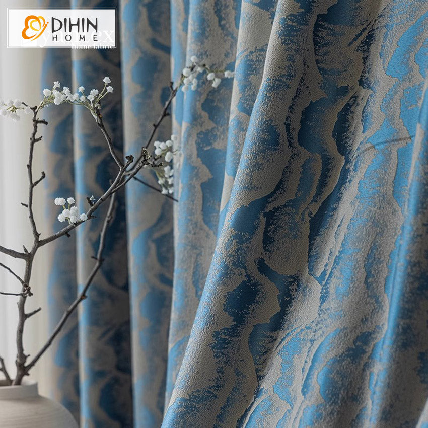 DIHIN HOME European Blue Color Jacquard,Blackout Grommet Window Curtain for Living Room