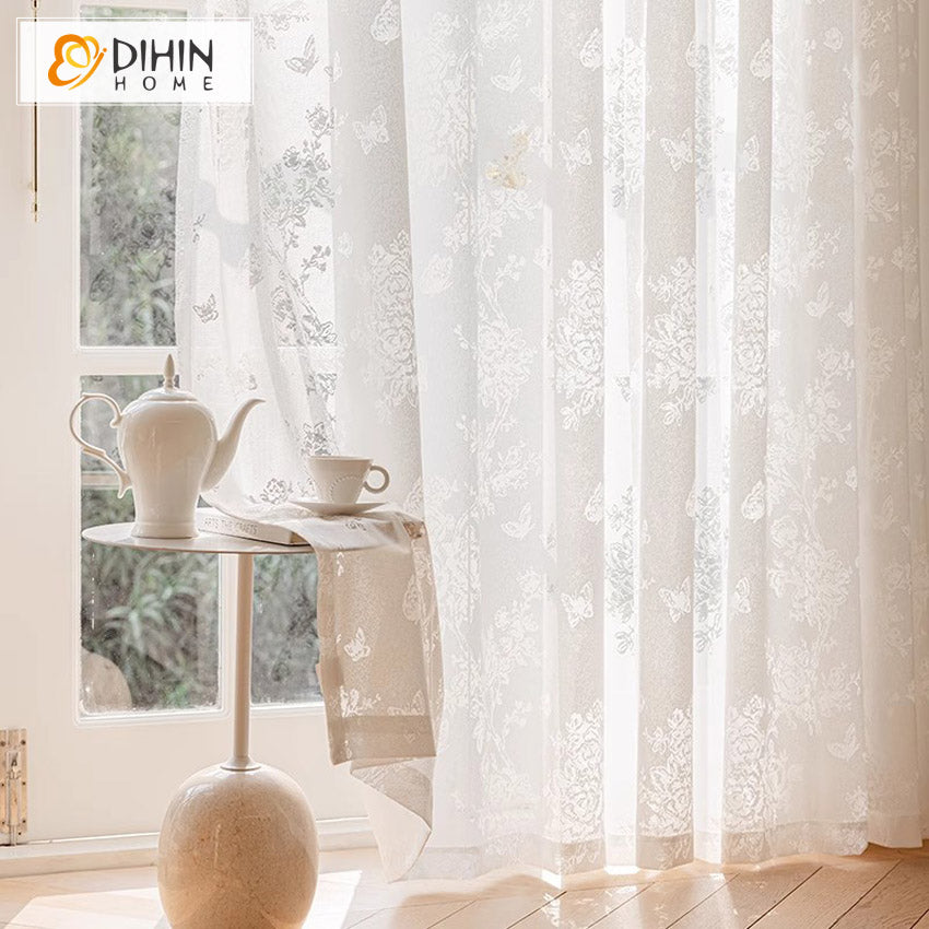 DIHIN HOME European White Jacquard,Blackout Grommet Window Sheer Curtain for Living Room,52x63-inch,1 Panel