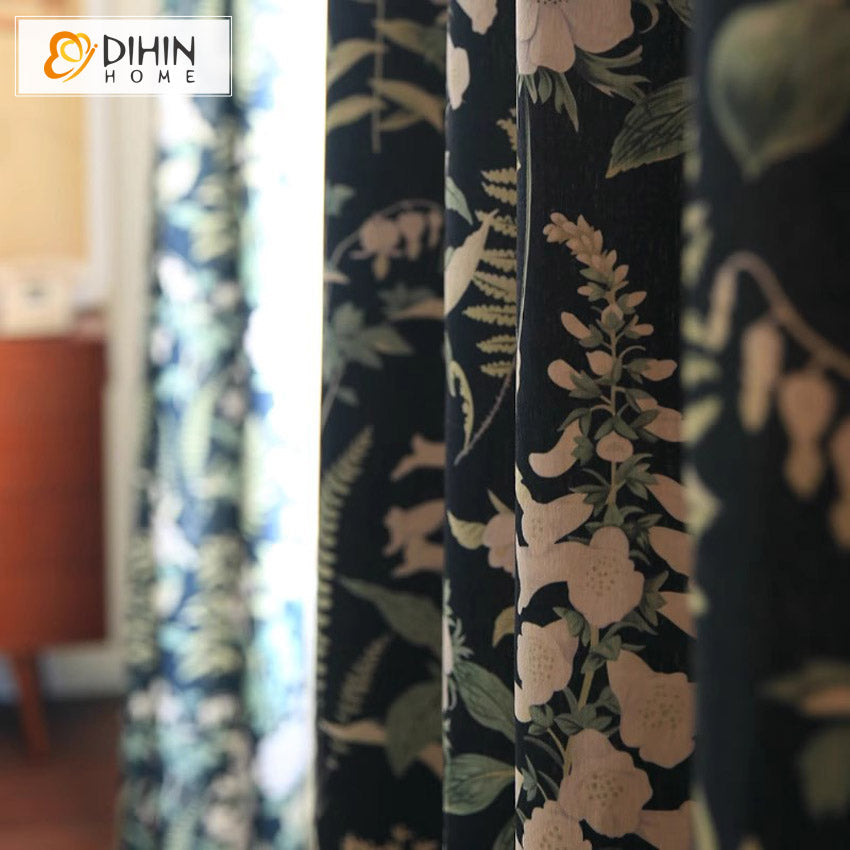 DIHIN HOME Pastoral Blue Flowers Printed,Grommet Window Curtain for Living Room,Customzied Curtains