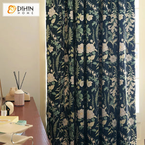 DIHIN HOME Pastoral Blue Flowers Printed,Grommet Window Curtain for Living Room,Customzied Curtains