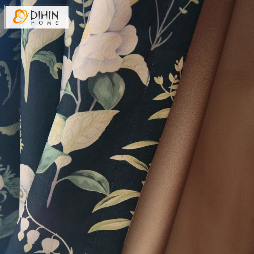 DIHIN HOME Pastoral Blue Flowers Printed,Grommet Window Curtain for Living Room,Customzied Curtains