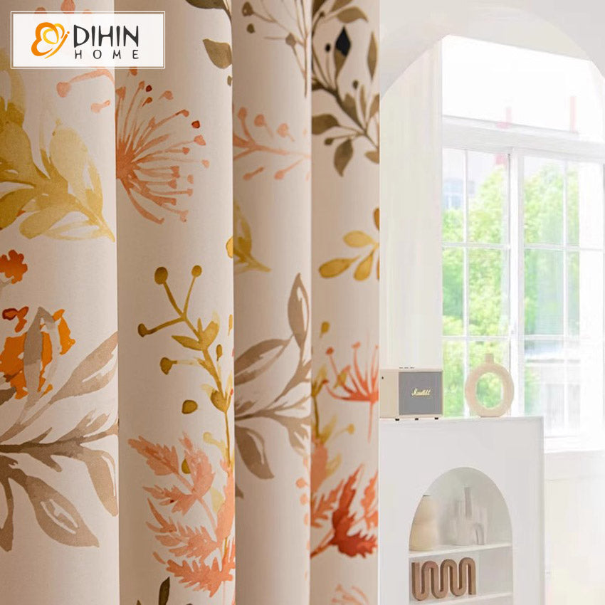 DIHIN HOME Pastoral Colorful Leaves Printed,Grommet Window Curtain for Living Room,Customzied Curtains