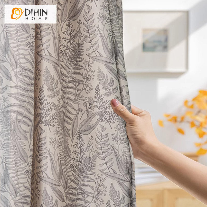 DIHIN HOME Cotton Linen Leaves Printed,Grommet Window Curtain for Living Room,Customzied Curtains