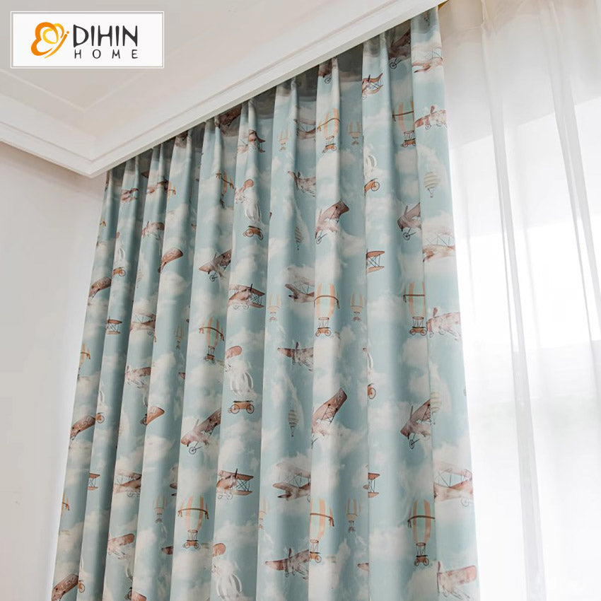 DIHIN HOME Cartoon Airplane Printed,Grommet Window Curtain for Living Room,Customzied Curtains