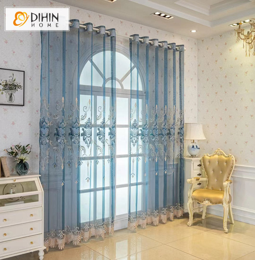 DIHIN HOME Blue Embroidered Sheer Curtains,Grommet Window Curtain for Living Room ,52x63-inch,1 Panel Roman Shades Curtains Window Blinds custom curtains blackout curtains curtains for living room sheer curtains curtain fabric linen curtains kitchen curtains velvet curtains pinch pleat curtains bay window curtains outdoor curtains pleated curtains floral curtains dining room curtains kitchen valances drapes for bedroom patio curtains nursery curtains grommet curtains