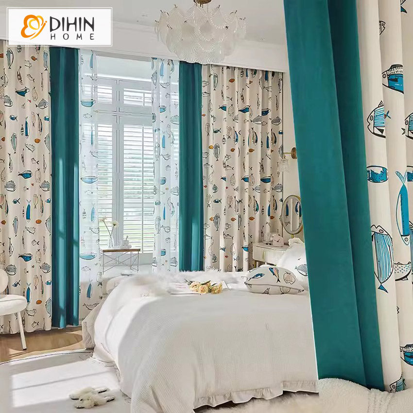 DIHIN HOME Cartoon Fish Printed,Blackout Grommet Window Curtain for Living Room ,52x63-inch,1 Panel Roman Shades Curtains Window Blinds custom curtains blackout curtains curtains for living room sheer curtains curtain fabric linen curtains kitchen curtains velvet curtains pinch pleat curtains bay window curtains outdoor curtains pleated curtains floral curtains dining room curtains kitchen valances drapes for bedroom patio curtains nursery curtains grommet curtains