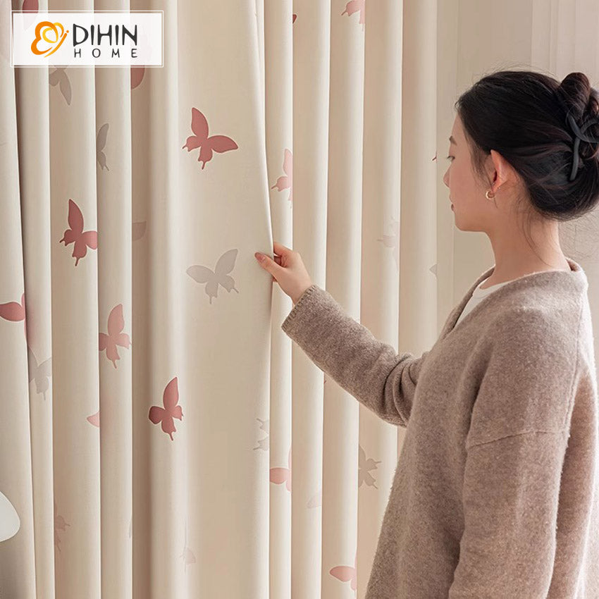 DIHIN HOME Cartoon Pink Butterfly Printed,Blackout Grommet Window Curtain for Living Room Roman Shades Curtains Window Blinds custom curtains blackout curtains curtains for living room sheer curtains curtain fabric linen curtains kitchen curtains velvet curtains pinch pleat curtains bay window curtains outdoor curtains pleated curtains floral curtains dining room curtains kitchen valances drapes for bedroom patio curtains nursery curtains grommet curtains