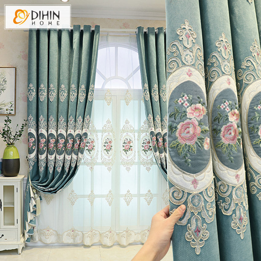 DIHIN HOME Luxury Blue Color Flowers Embroidered Valance,Blackout Curtains Grommet Window Curtain for Living Room ,52x84-inch,1 Panel Curtains custom curtains blackout curtains curtains for living room curtain fabric linen curtains