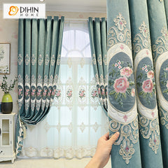 DIHIN HOME Luxury Blue Color Flowers Embroidered Valance,Blackout Curtains Grommet Window Curtain for Living Room ,52x84-inch,1 Panel Curtains custom curtains blackout curtains curtains for living room curtain fabric linen curtains