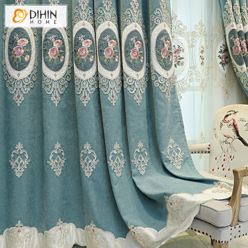 DIHIN HOME Luxury Blue Color Flowers Embroidered Valance,Blackout Curtains Grommet Window Curtain for Living Room ,52x84-inch,1 Panel Curtains custom curtains blackout curtains curtains for living room curtain fabric linen curtains