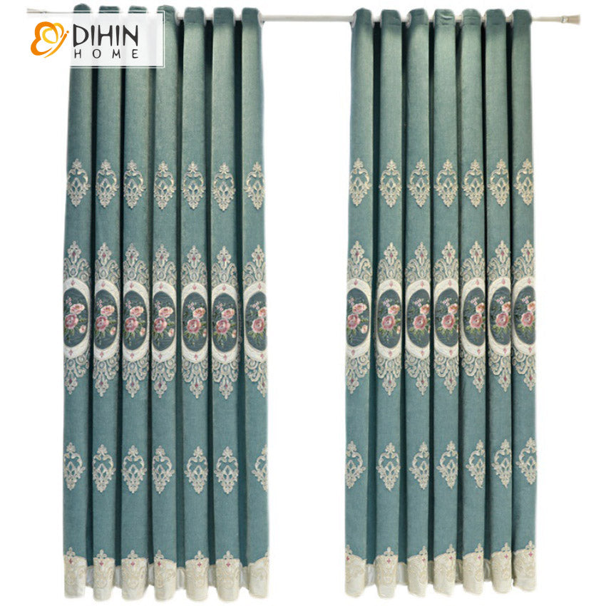 DIHIN HOME Luxury Blue Color Flowers Embroidered Valance,Blackout Curtains Grommet Window Curtain for Living Room ,52x84-inch,1 Panel Curtains custom curtains blackout curtains curtains for living room curtain fabric linen curtains
