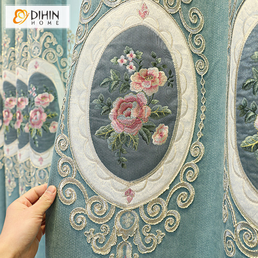 DIHIN HOME Luxury Blue Color Flowers Embroidered Valance,Blackout Curtains Grommet Window Curtain for Living Room ,52x84-inch,1 Panel Curtains custom curtains blackout curtains curtains for living room curtain fabric linen curtains