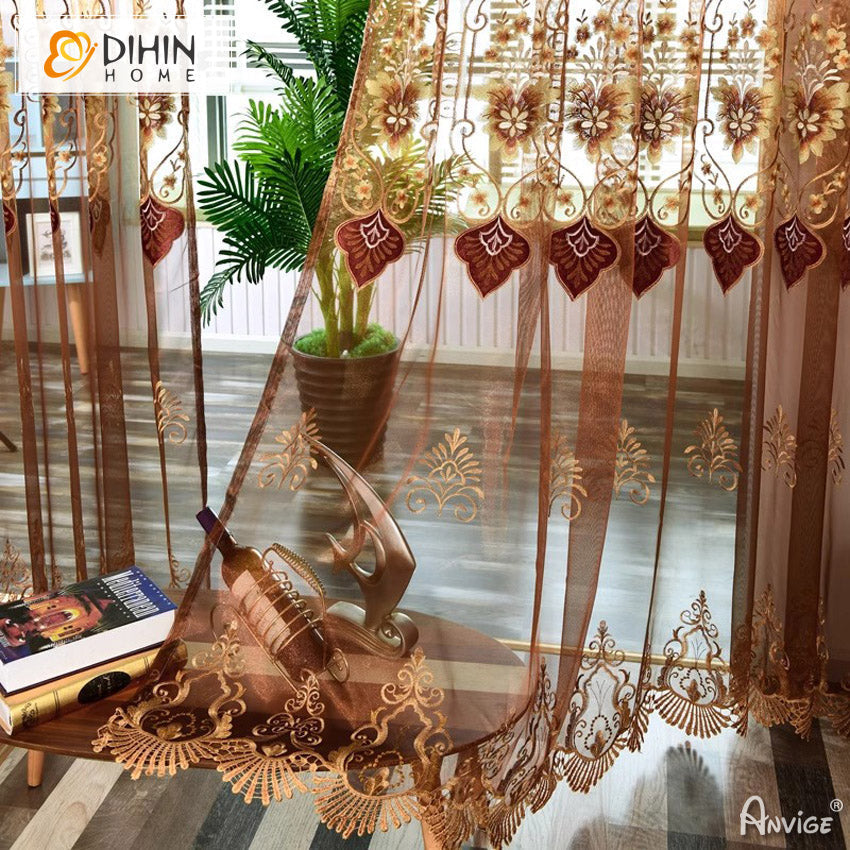 DIHIN HOME Luxury Coffee Color Embroidered,Grommet Window Sheer Curtain for Living Room ,52x63-inch,1 Panel Roman Shades Curtains Window Blinds custom curtains blackout curtains curtains for living room sheer curtains curtain fabric linen curtains kitchen curtains velvet curtains pinch pleat curtains bay window curtains outdoor curtains pleated curtains floral curtains dining room curtains kitchen valances drapes for bedroom patio curtains nursery curtains grommet curtains