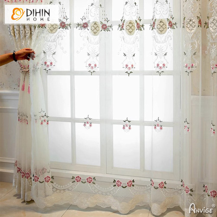 DIHIN HOME Pastoral Pink Flowers Embroidered,Grommet Window Sheer Curtain for Living Room ,52x63-inch,1 Panel Roman Shades Curtains Window Blinds custom curtains blackout curtains curtains for living room sheer curtains curtain fabric linen curtains kitchen curtains velvet curtains pinch pleat curtains bay window curtains outdoor curtains pleated curtains floral curtains dining room curtains kitchen valances drapes for bedroom patio curtains nursery curtains grommet curtains